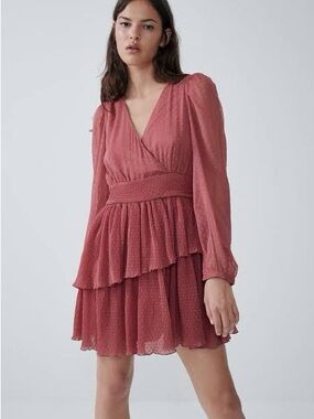 Zara Rose-Tone Tiered Long-Sleeve Wrap Dress